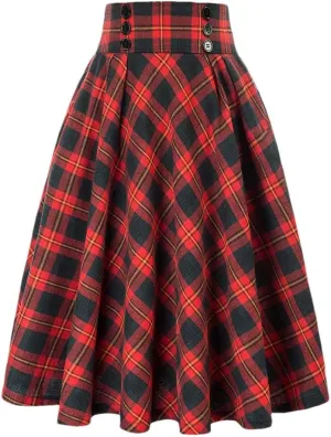 Women Vintage Skirt High Waist Pleated Skirt Womens Double Breasted with Pockets A-Line Midi Skirt