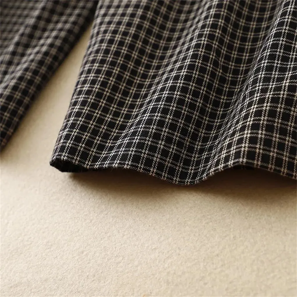Women Vintage Summer Linen Weave Plaid Pants Lace Up Elastic Waist Wide Legs Ankle Trousers