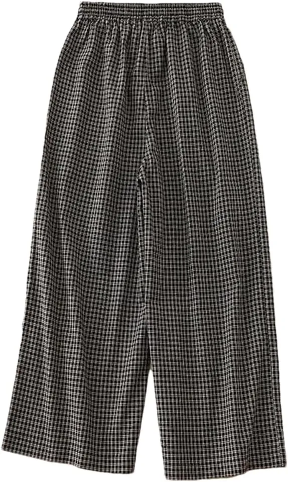 Women Vintage Summer Linen Weave Plaid Pants Lace Up Elastic Waist Wide Legs Ankle Trousers