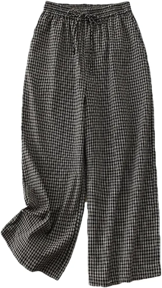 Women Vintage Summer Linen Weave Plaid Pants Lace Up Elastic Waist Wide Legs Ankle Trousers