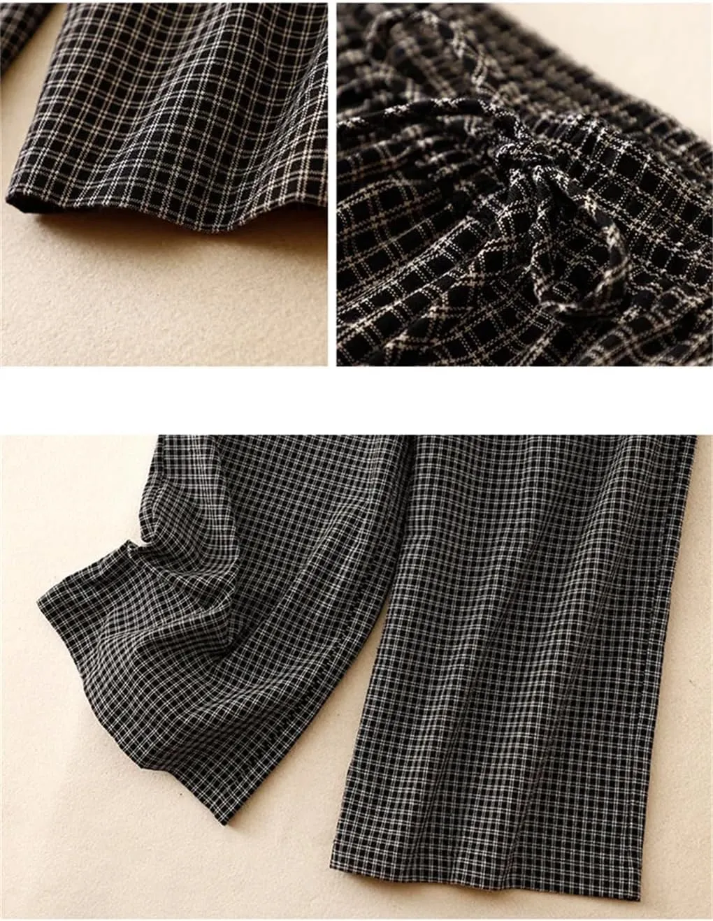 Women Vintage Summer Linen Weave Plaid Pants Lace Up Elastic Waist Wide Legs Ankle Trousers