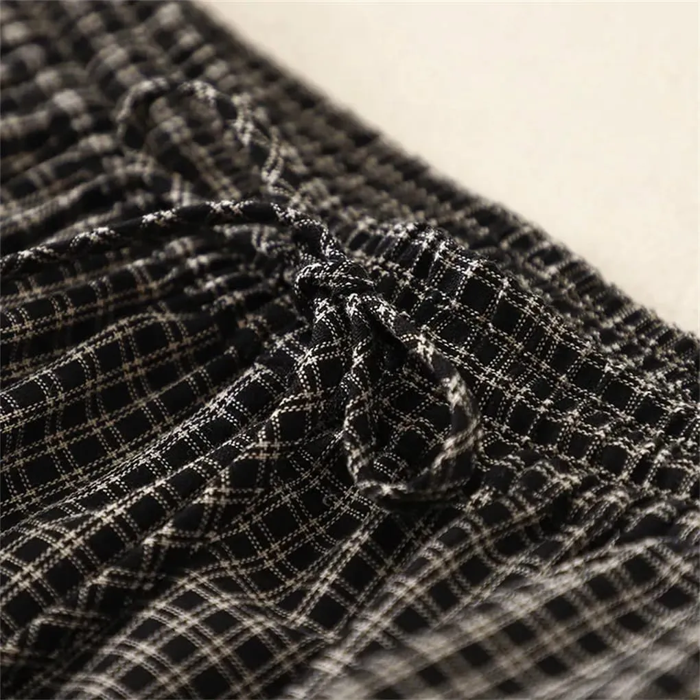 Women Vintage Summer Linen Weave Plaid Pants Lace Up Elastic Waist Wide Legs Ankle Trousers