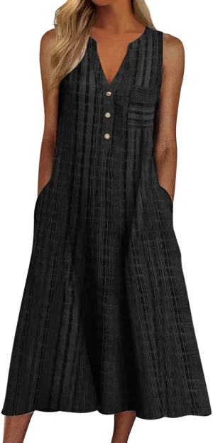 Women's 2025 Casual Summer Dresses Floral Boho Beach V-Neck Buttons Short Sleeve Pockets Loose Midi Dress for Women