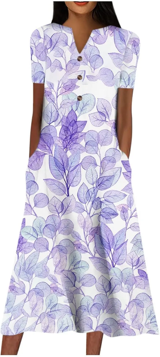 Women's Bohemian Floral Maxi Dress Casual Loose Summer Short Sleeve Beach Vacation Dresses with Pockets