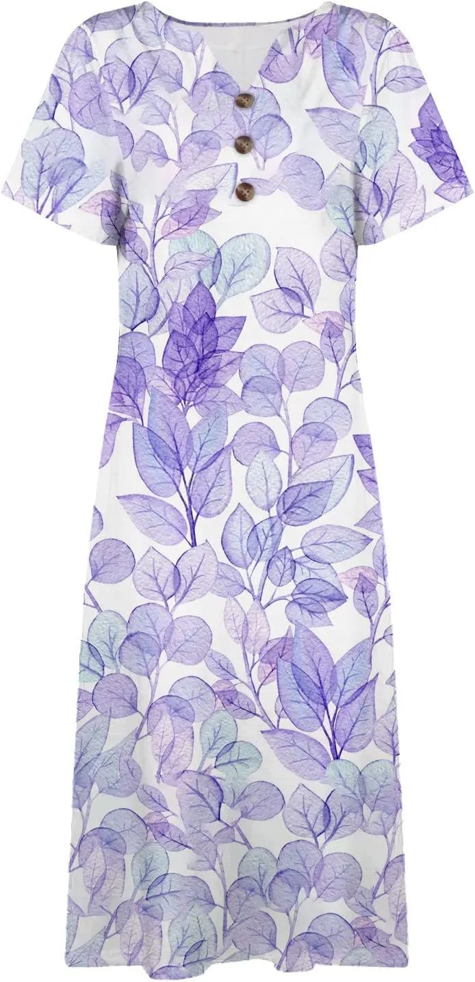 Women's Bohemian Floral Maxi Dress Casual Loose Summer Short Sleeve Beach Vacation Dresses with Pockets