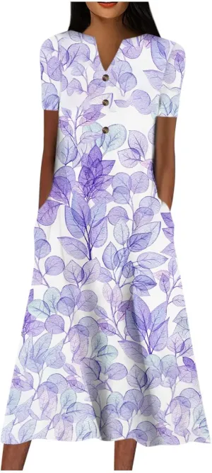 Women's Bohemian Floral Maxi Dress Casual Loose Summer Short Sleeve Beach Vacation Dresses with Pockets