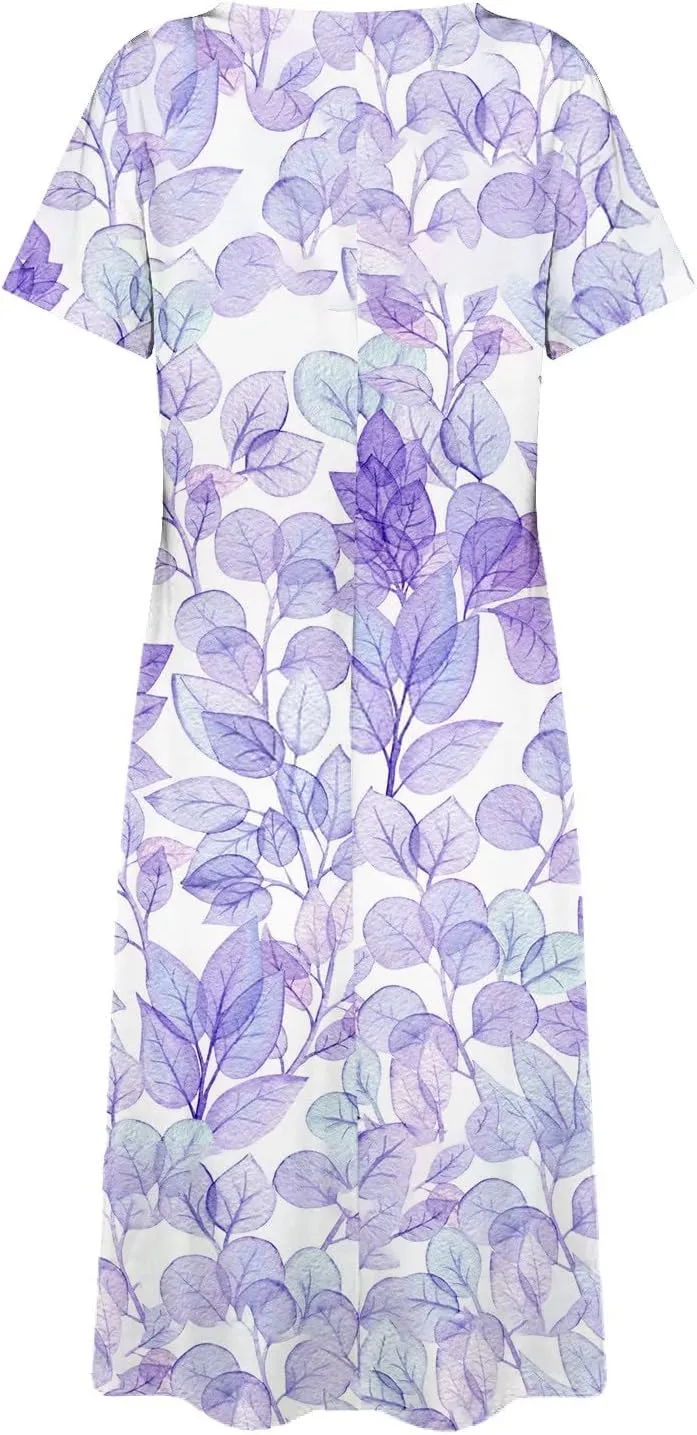 Women's Bohemian Floral Maxi Dress Casual Loose Summer Short Sleeve Beach Vacation Dresses with Pockets