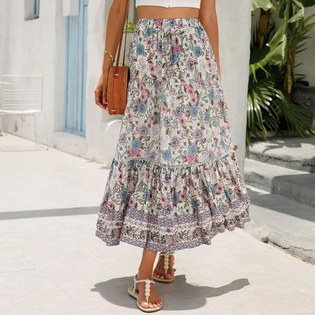 Womens Boho Floral Print High Waisted Midi Skirts A-Line Elastic Waist Pleated Flowy Swing Summer Midi Skirt