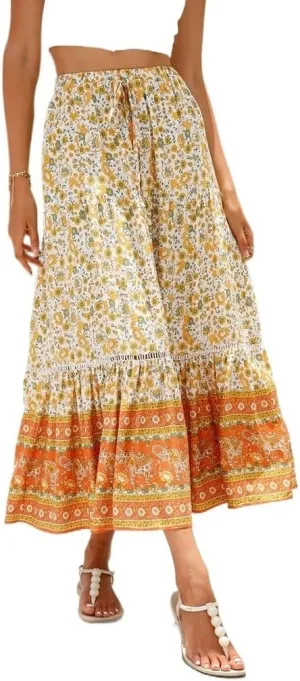 Womens Boho Floral Print High Waisted Midi Skirts A-Line Elastic Waist Pleated Flowy Swing Summer Midi Skirt