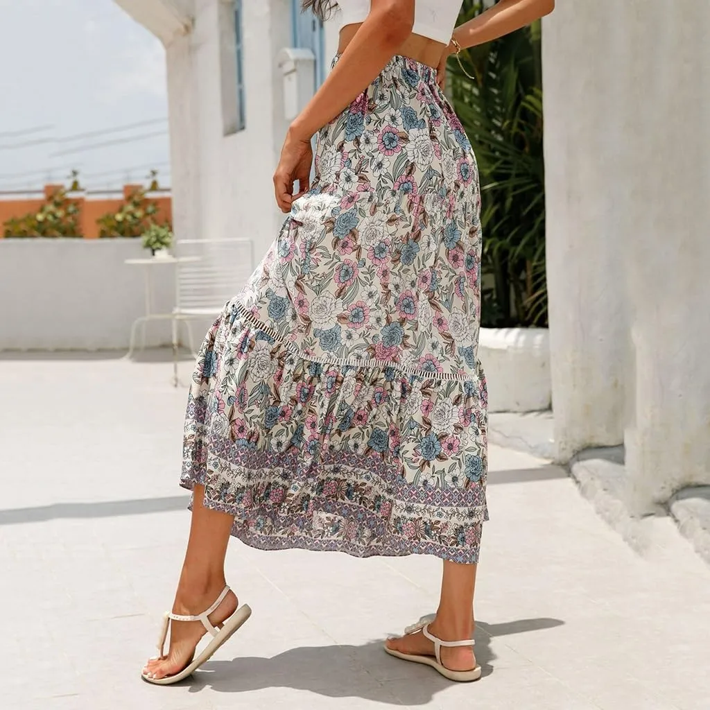 Womens Boho Floral Print High Waisted Midi Skirts A-Line Elastic Waist Pleated Flowy Swing Summer Midi Skirt