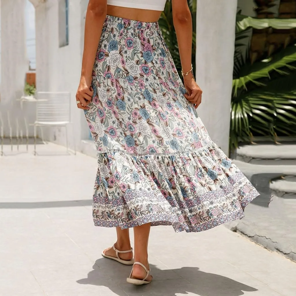 Womens Boho Floral Print High Waisted Midi Skirts A-Line Elastic Waist Pleated Flowy Swing Summer Midi Skirt