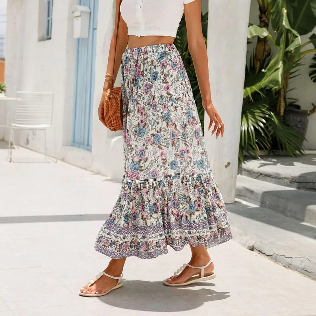 Womens Boho Floral Print High Waisted Midi Skirts A-Line Elastic Waist Pleated Flowy Swing Summer Midi Skirt