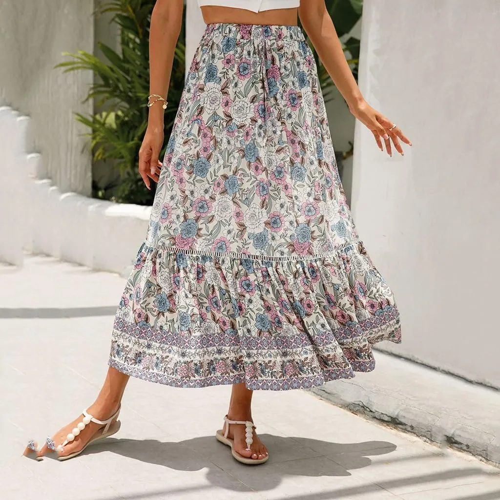 Womens Boho Floral Print High Waisted Midi Skirts A-Line Elastic Waist Pleated Flowy Swing Summer Midi Skirt