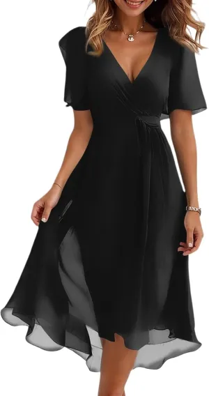 Womens Boho Floral Printed Chiffon Dresses 2025 Elegant V Neck Belted Summer Wedding Prom Cocktail Midi Dress