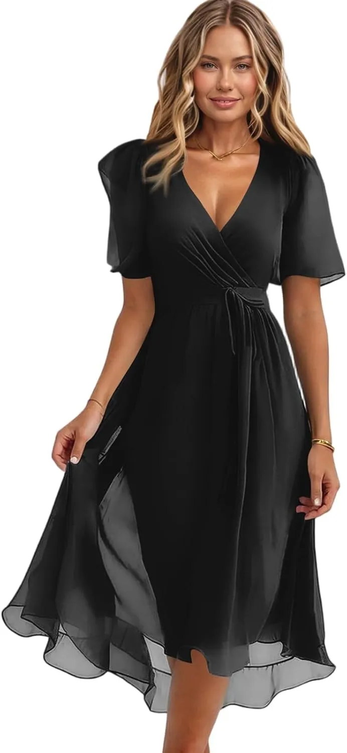 Womens Boho Floral Printed Chiffon Dresses 2025 Elegant V Neck Belted Summer Wedding Prom Cocktail Midi Dress