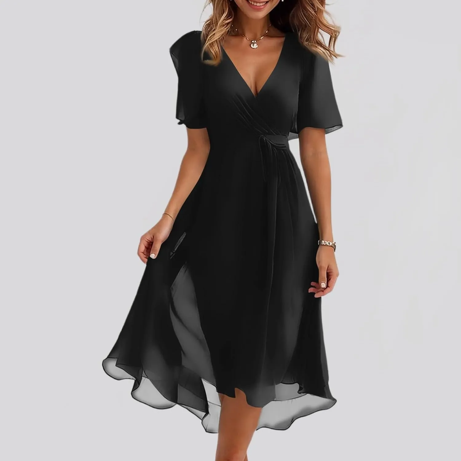 Womens Boho Floral Printed Chiffon Dresses 2025 Elegant V Neck Belted Summer Wedding Prom Cocktail Midi Dress