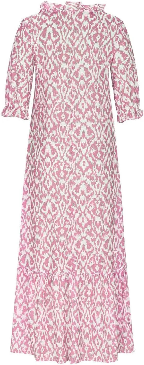 Womens Boho Flowy Maxi Dresses 2024 Summer V Neck Short Sleeve Bohemian Casual Beach Vacation Tropical Hawaiian Sundress
