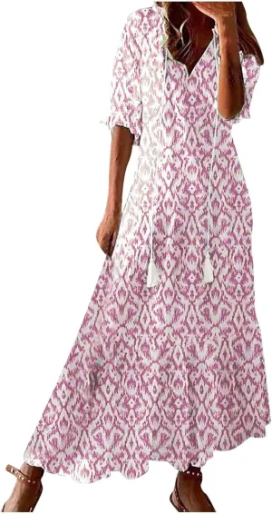 Womens Boho Flowy Maxi Dresses 2024 Summer V Neck Short Sleeve Bohemian Casual Beach Vacation Tropical Hawaiian Sundress