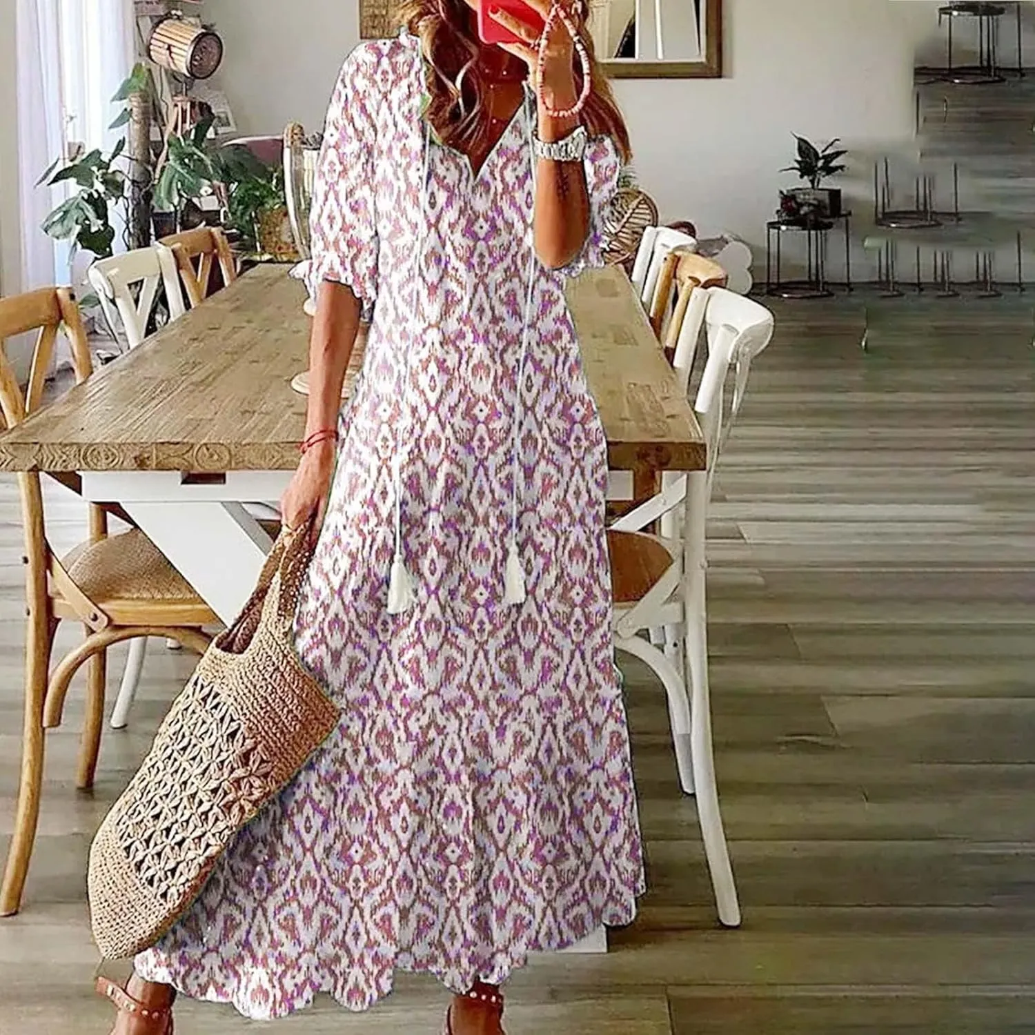 Womens Boho Flowy Maxi Dresses 2024 Summer V Neck Short Sleeve Bohemian Casual Beach Vacation Tropical Hawaiian Sundress