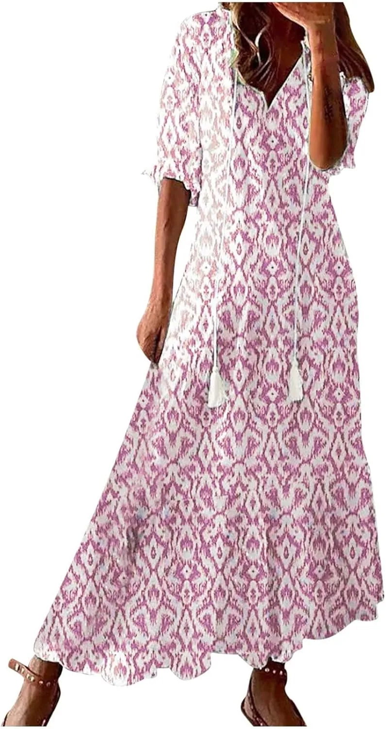 Womens Boho Flowy Maxi Dresses 2024 Summer V Neck Short Sleeve Bohemian Casual Beach Vacation Tropical Hawaiian Sundress