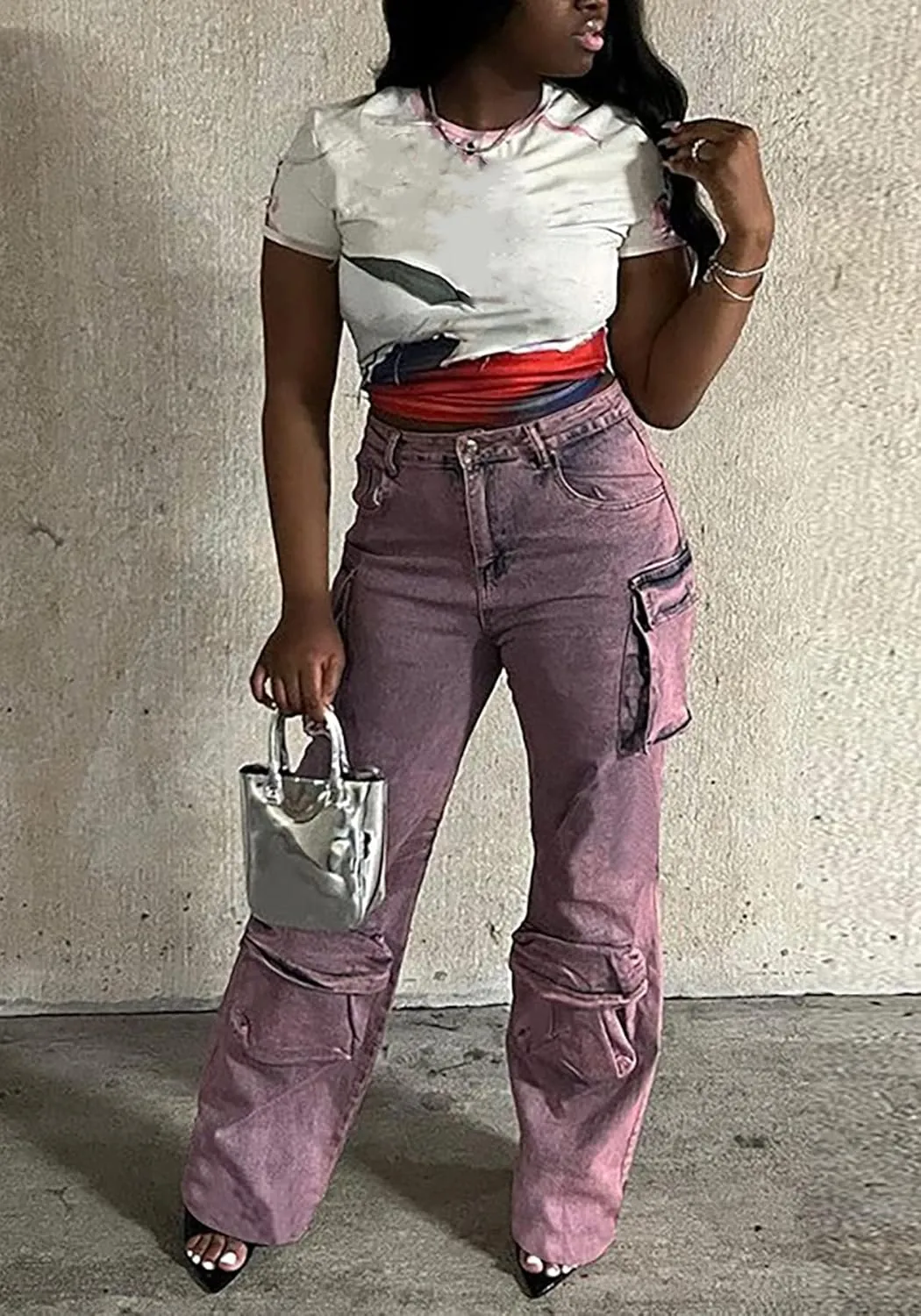 Women's Cargo Pants Y2K High Waisted Baggy Jeans Flap Pocket Wide Leg Denim Pants Streetwear