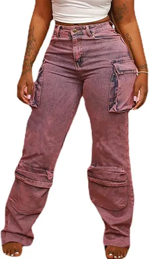 Women's Cargo Pants Y2K High Waisted Baggy Jeans Flap Pocket Wide Leg Denim Pants Streetwear