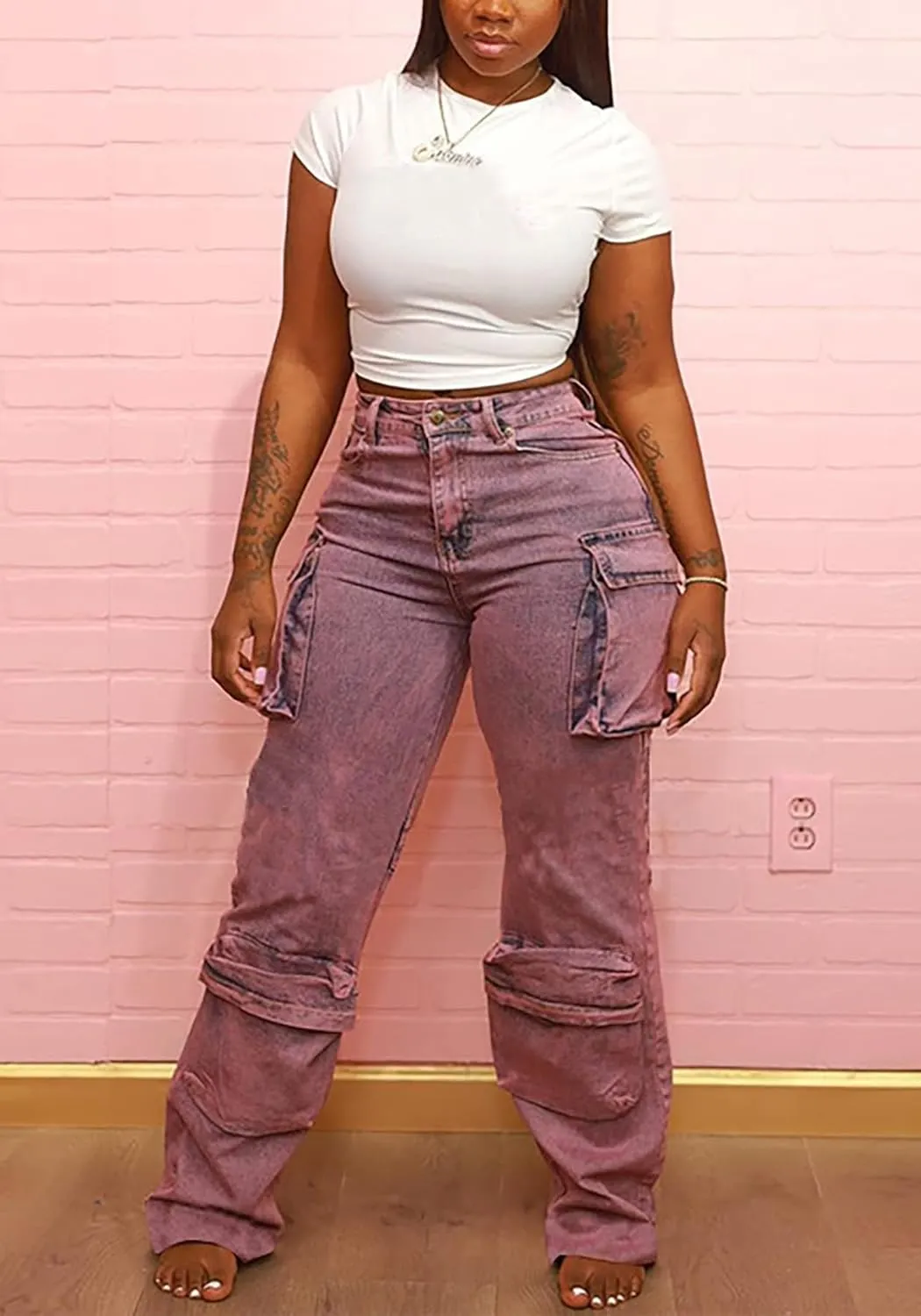 Women's Cargo Pants Y2K High Waisted Baggy Jeans Flap Pocket Wide Leg Denim Pants Streetwear