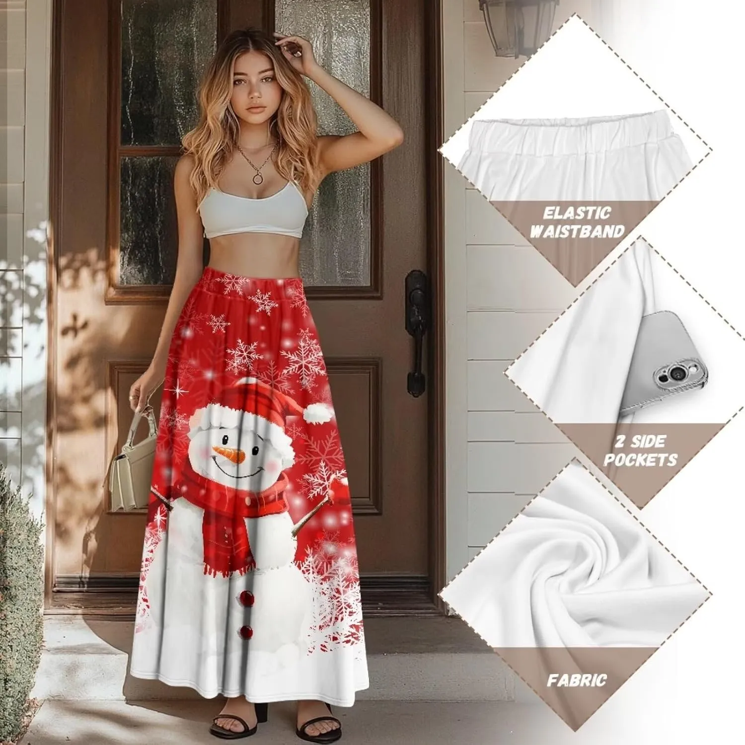 Women's Casual Flowy Maxi Skirt Long Skirts Fashion Loose Flowy Swing Pleated Ankle Length Skirt with Pockets