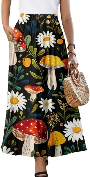 Women's Casual Flowy Maxi Skirt Long Skirts with Pockets Fashion Loose Flowy Swing Pleated Ankle Length Skirt