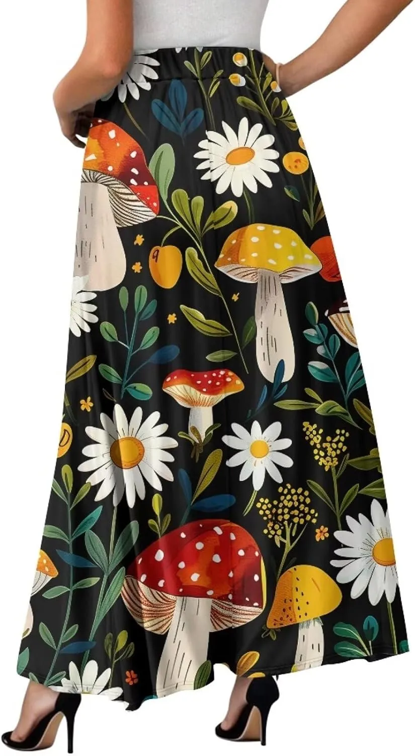Women's Casual Flowy Maxi Skirt Long Skirts with Pockets Fashion Loose Flowy Swing Pleated Ankle Length Skirt
