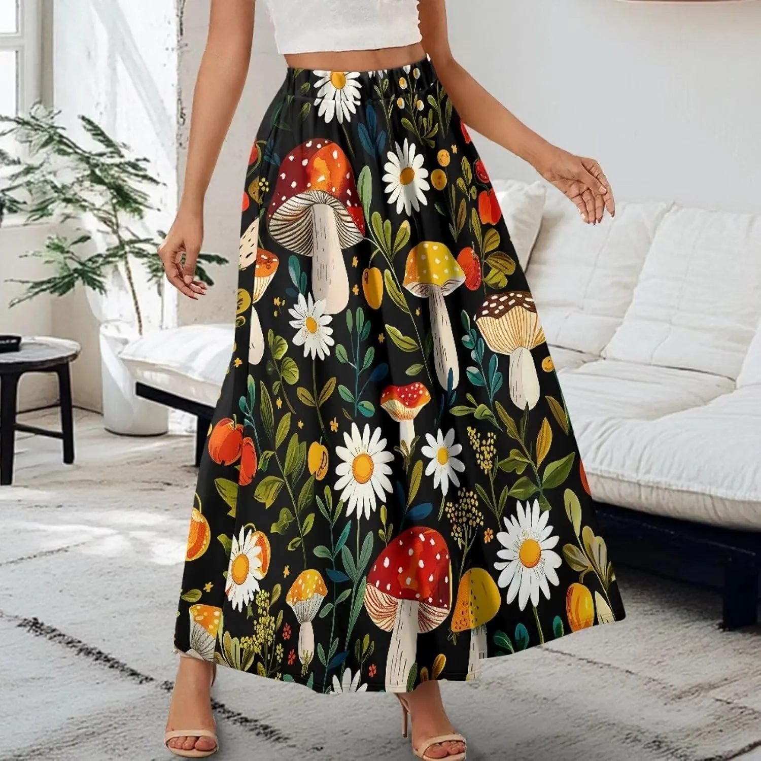 Women's Casual Flowy Maxi Skirt Long Skirts with Pockets Fashion Loose Flowy Swing Pleated Ankle Length Skirt