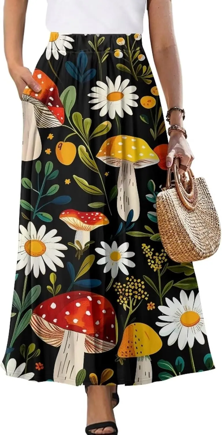 Women's Casual Flowy Maxi Skirt Long Skirts with Pockets Fashion Loose Flowy Swing Pleated Ankle Length Skirt