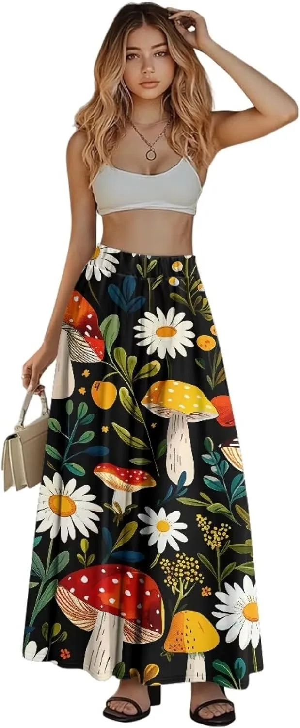 Women's Casual Flowy Maxi Skirt Long Skirts with Pockets Fashion Loose Flowy Swing Pleated Ankle Length Skirt