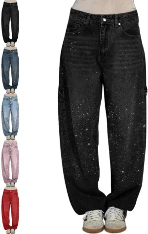 Women's Casual Rhinestone Loose Harem Jeans,Womens High Waisted Baggy Rhinestone Jeans,Straight Wide Leg Bling Denim Pants