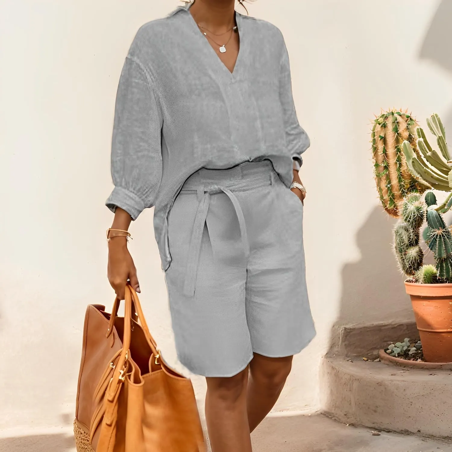 Womens Cotton Linen 2 Piece Outfits 3/4 Sleeve Shirt Elastic Waist Knee Length Pants with Belt Loose Sets with Pockets