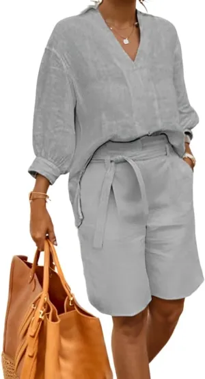 Womens Cotton Linen 2 Piece Outfits 3/4 Sleeve Shirt Elastic Waist Knee Length Pants with Belt Loose Sets with Pockets
