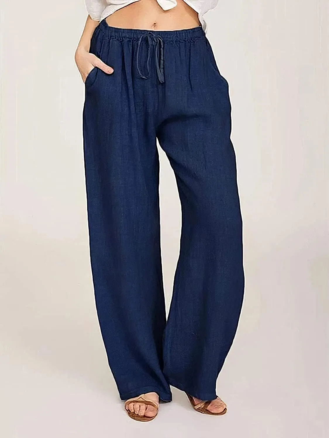 Women's Cotton Linen Long Pants High Waist Drawstring Loose Fit Casual Trousers with Pockets