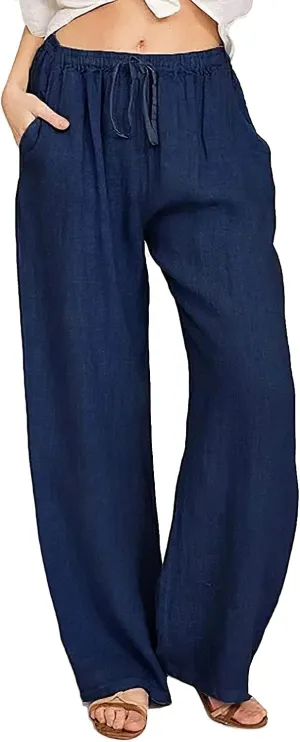Women's Cotton Linen Long Pants High Waist Drawstring Loose Fit Casual Trousers with Pockets