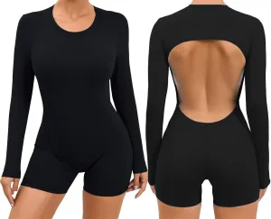 Women's Crew Neck Yoga Athletic Jumpsuit One Piece Backless Sport Rompers Back Cutout Long Sleeve Workout Gym Bodysuit
