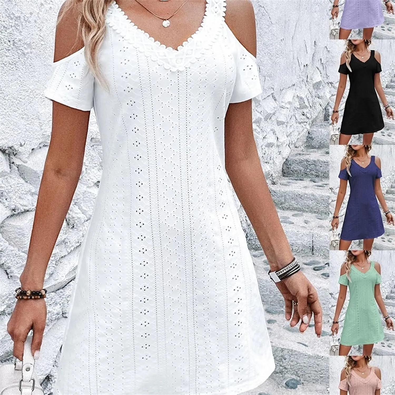 Womens Cute Summer Dresses Casual Short Sleeve V Neck Sundress Women Fashion Vacation Boho Dresses Mini Beach Dresses