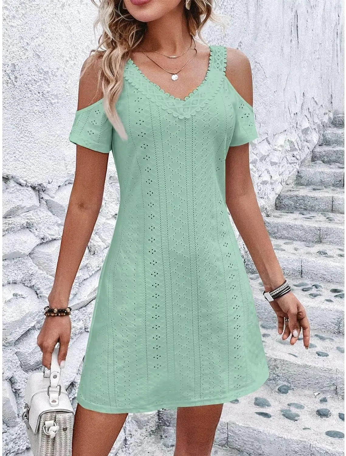 Womens Cute Summer Dresses Casual Short Sleeve V Neck Sundress Women Fashion Vacation Boho Dresses Mini Beach Dresses
