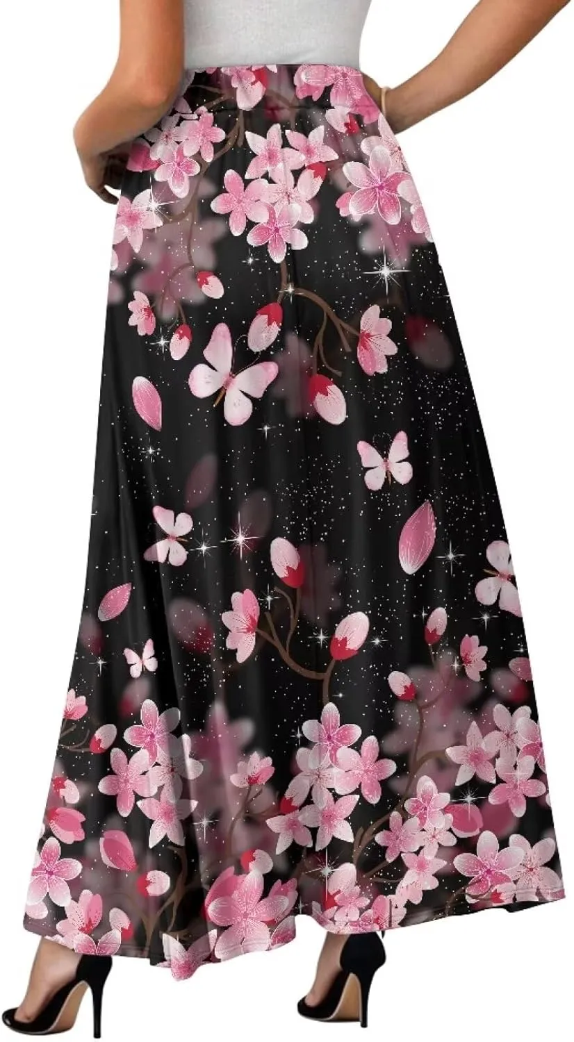Women's Elastic High Waist Pleated Skirt Casual Long Skirts with Pockets Ankle Length Flowy Swing Party Skirt