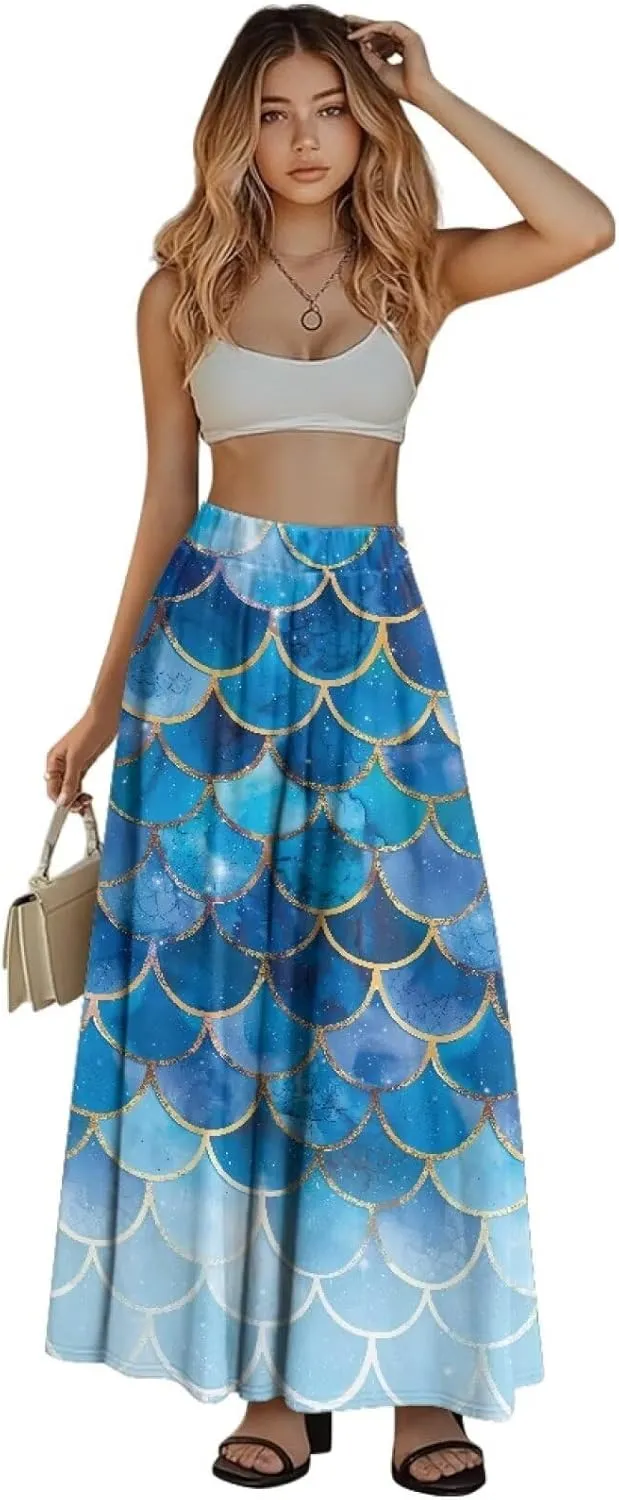 Women's Elastic High Waist Pleated Skirt Casual Long Skirts with Pockets Ankle Length Flowy Swing Party Skirt