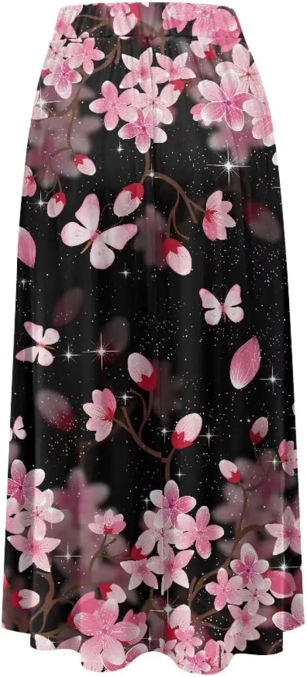 Women's Elastic High Waist Pleated Skirt Casual Long Skirts with Pockets Ankle Length Flowy Swing Party Skirt