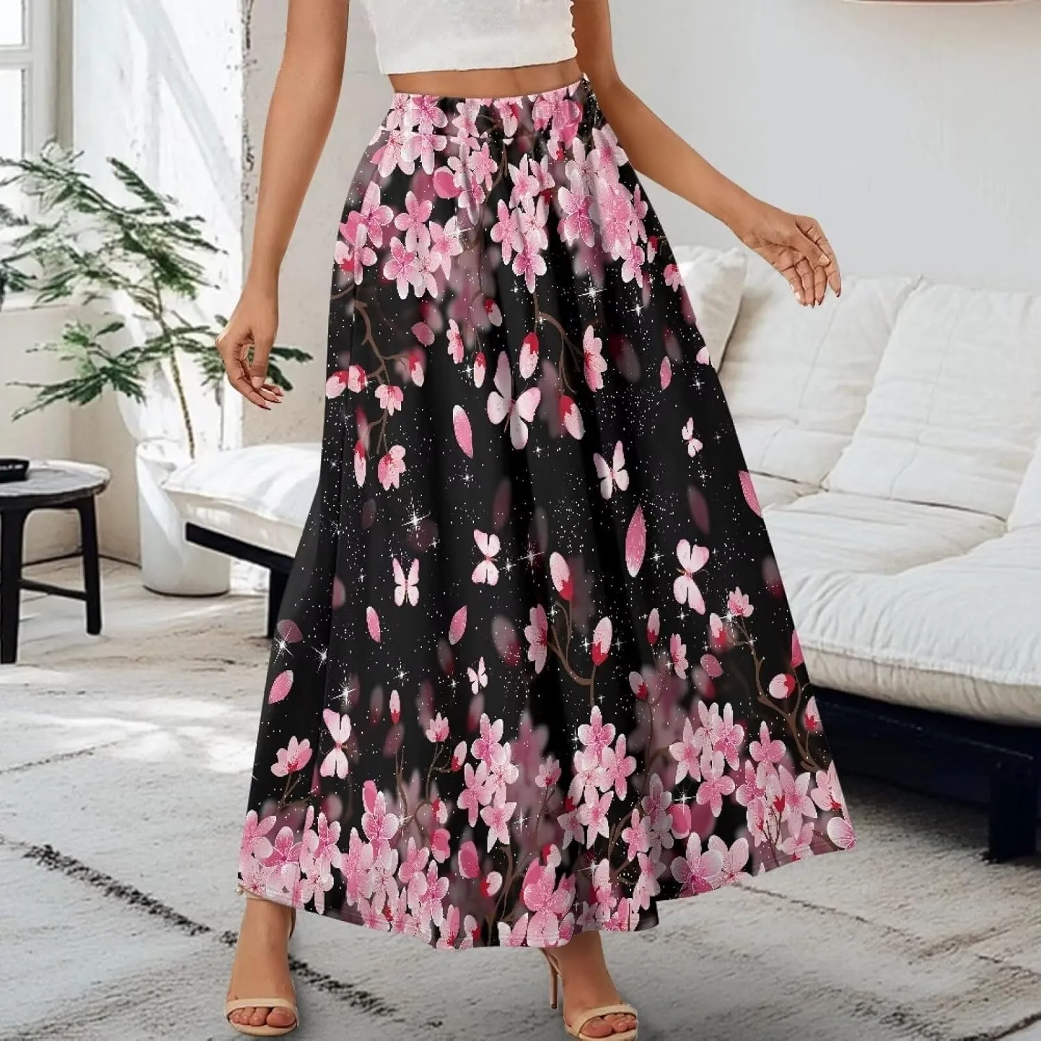 Women's Elastic High Waist Pleated Skirt Casual Long Skirts with Pockets Ankle Length Flowy Swing Party Skirt