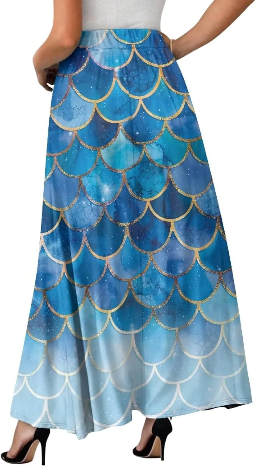 Women's Elastic High Waist Pleated Skirt Casual Long Skirts with Pockets Ankle Length Flowy Swing Party Skirt