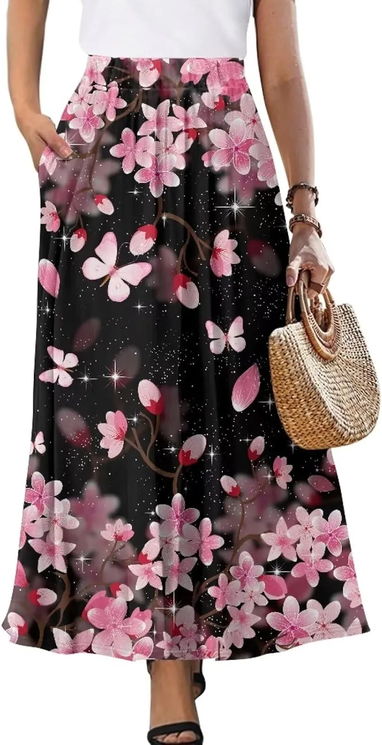 Women's Elastic High Waist Pleated Skirt Casual Long Skirts with Pockets Ankle Length Flowy Swing Party Skirt