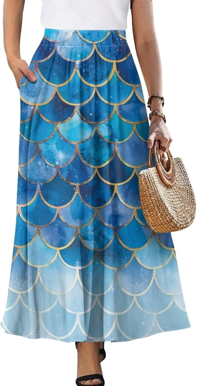 Women's Elastic High Waist Pleated Skirt Casual Long Skirts with Pockets Ankle Length Flowy Swing Party Skirt