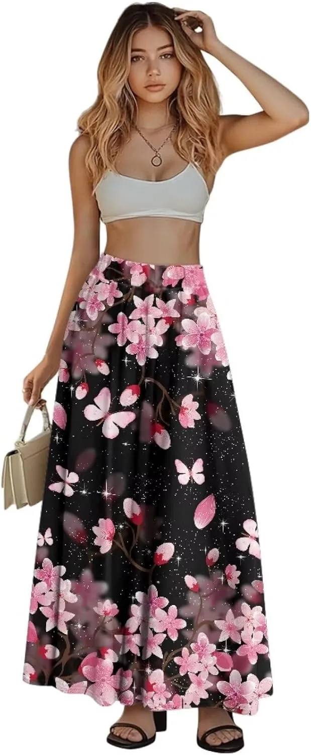 Women's Elastic High Waist Pleated Skirt Casual Long Skirts with Pockets Ankle Length Flowy Swing Party Skirt