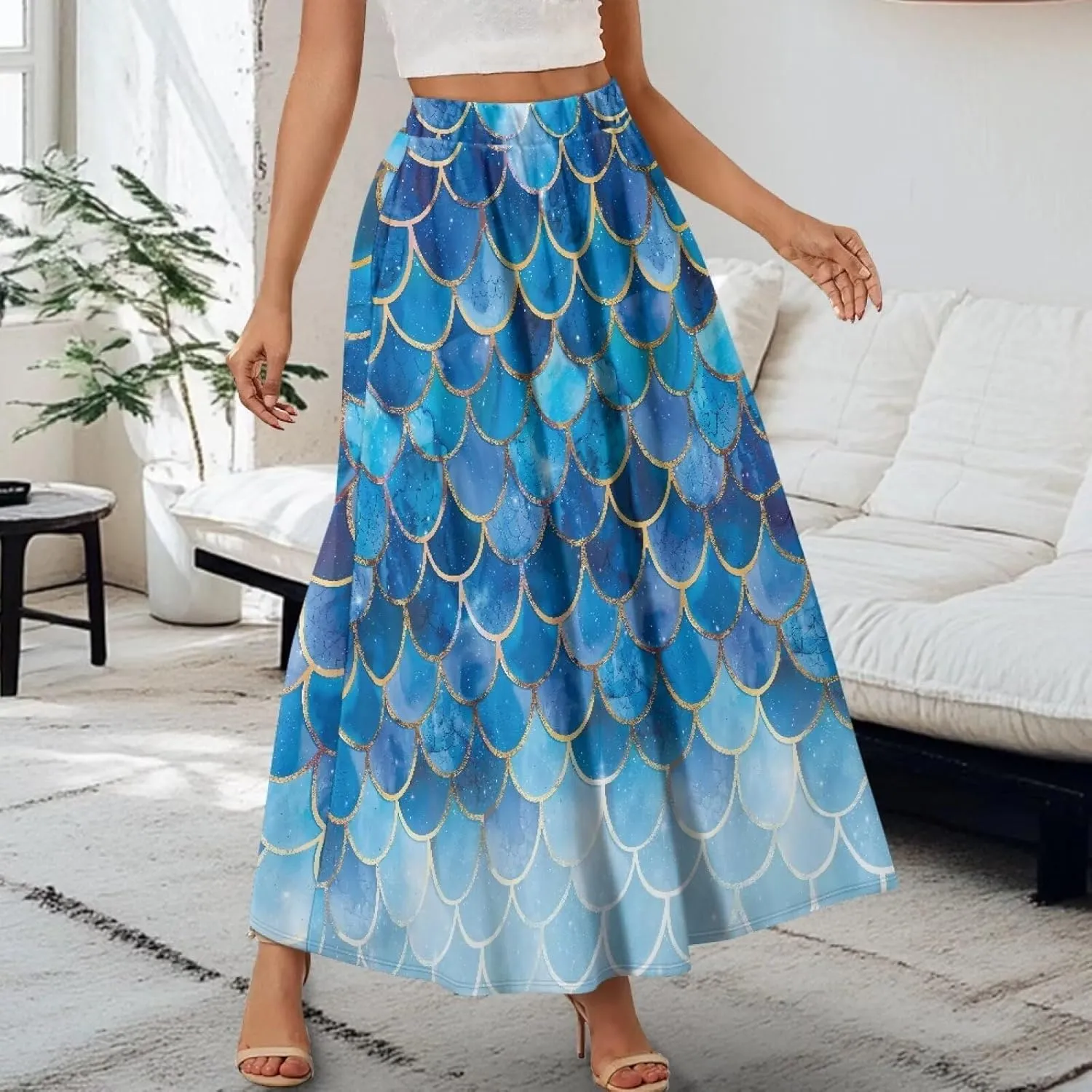 Women's Elastic High Waist Pleated Skirt Casual Long Skirts with Pockets Ankle Length Flowy Swing Party Skirt